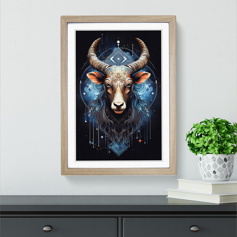 XYZ-FRM-V1223-1608 Taurus Zodiac Geometric - Single Picture Frame Print on Wood, 64cm H x 46cm W x 2cm D, Oak