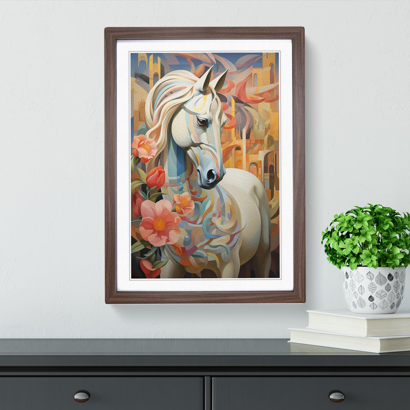Pony Deco - Single Picture Frame Print on Wood, Walnut Framed, 34cm H x 25cm W x 2cm D