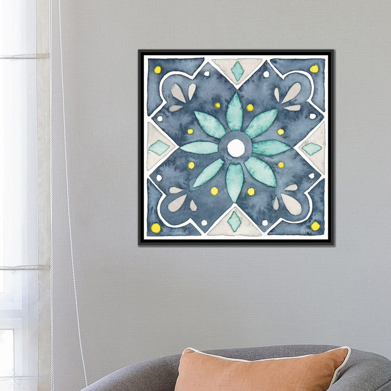 «Garden Getaway Tile V Blue», reproduction sur toile, H 37 po x l 37 po x P 1,5 po, Toile avec cadre noir, Pas de tapis