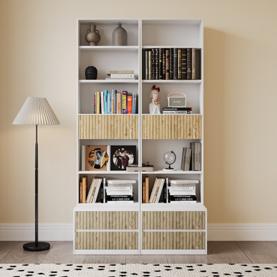Set of 2 - 78.7'' H Bookcase Storage Standard Bookshelves With Footstool And Storage Drawers