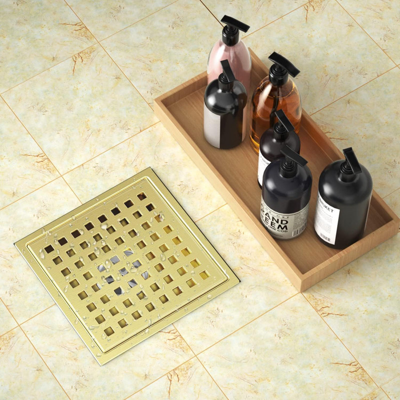 Brushed Gold Shower Drain 6 Inch, Square Floor Drain, Stainless Steel 
