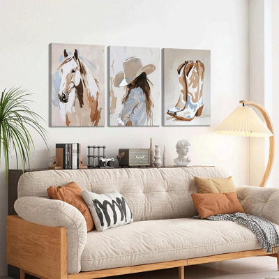 3Pcs Framed Cowgirl Canvas Wall Art Horse Pictures Wall Decor Cowboy Boot Wall Decor Pictures Western Girls Bedroom Poster Prints For Room Bedroom Dorm Home Decoration 12X16in