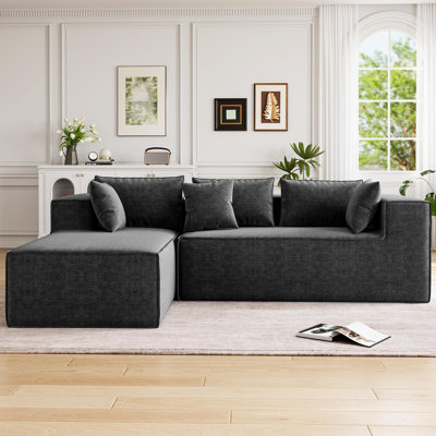 Polyester Upholstered L-Shaped Sectional Couch with Pillows & High Density Foam, Modular Corner Design No Assembly Required, Dark Grey