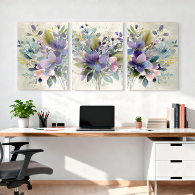 Purple Floral Bouquet Watercolor Canvas Wrapped Wall Art Set of 3 for Living Room Bedroom Decor