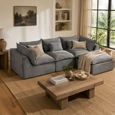 Canapé d'angle modulaire surdimensionné Cloud Couch de 260 cm de large, avec assise large et profonde, revêtement en tissu gaufré, 3 places avec pouf pour ensembles de meubles de salon