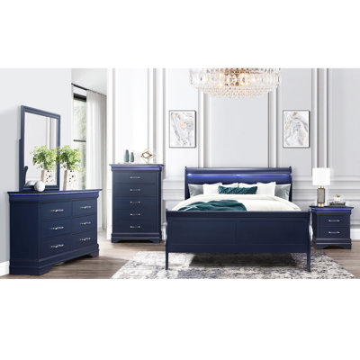 Led - Adorned Blue Full Bed, Bed Appearance, Panel Headboard, Solid Wood And , 57.02 In Depth, 85.78 Width, 48.19 Height, 72.34 Lb With Design, Made Of Rubberwood Height