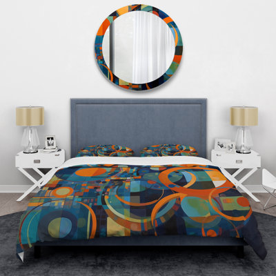 Ensemble de housse de couette à motif géométrique orange et bleu II - formes abstraites