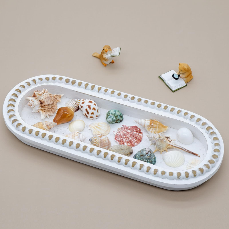 Plateau de service en bois, plateau décoratif en perles de bois (bois naturel), Blanc