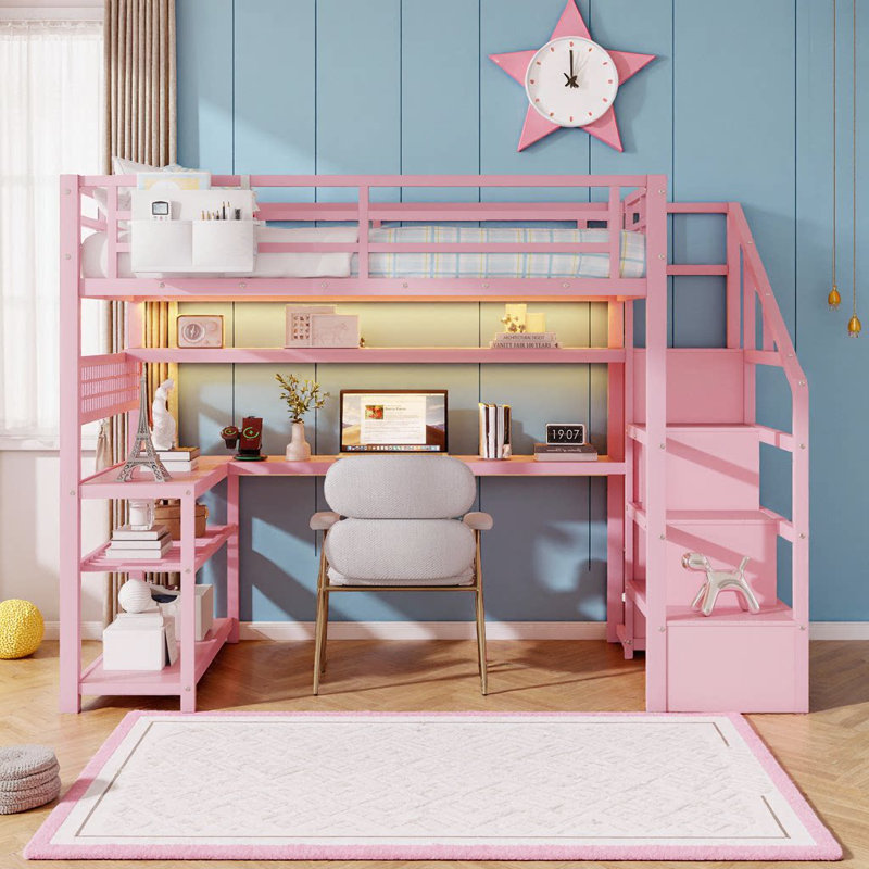 Lit mezzanine pour lit double avec rangement pour escalier AVELOR, bureau intégré en L, garde-robe et ensemble d'éclairage à DEL - espace de travail et garde-robe inclus