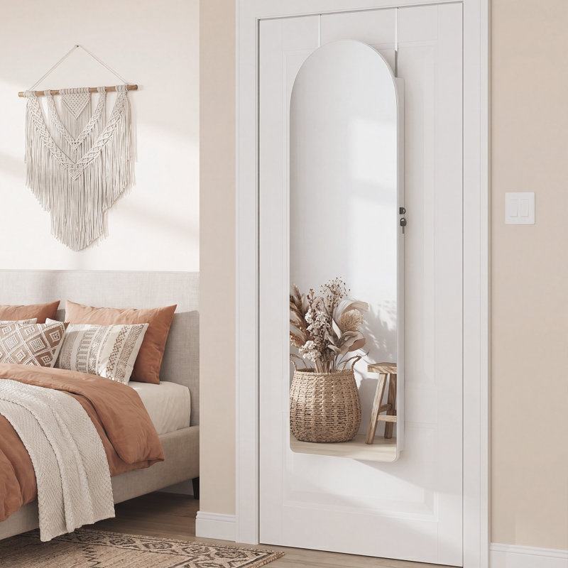 Organisateur de bijoux, armoire à bijoux à DEL fixée au mur / porte, grand miroir arrondi verrouillable avec rangement, miroir intérieur, 3,9 po x 16,5 po x 55 po
