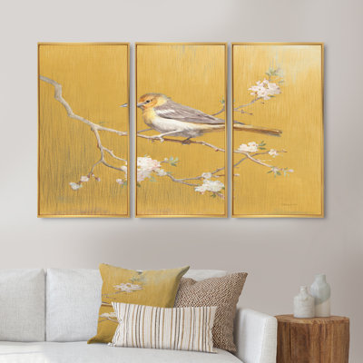 «Gold Bird On Blossoms I», reproduction sur toile flottante 3 pièces