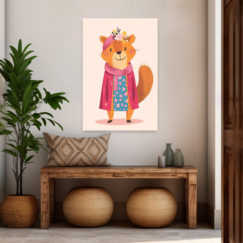 Whimsical Dressed Squirrel Whimsical Contemporary Squirrel Flower Forest Wall Art Print by Mathieu - Wrapped Canvas Print