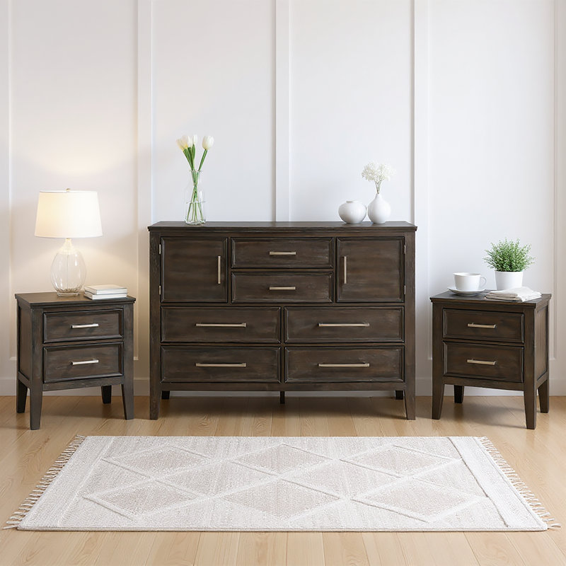 Ensemble de chambre à coucher 3 pièces en bois avec commode Andover, muscade, 3 pièces Andover, Brun