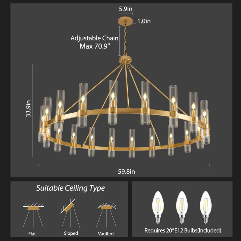 20- Light 60" Large Dimmable Wagon Wheel Chandelier Farmhouse Round Pendant Light for Living Room, Gold