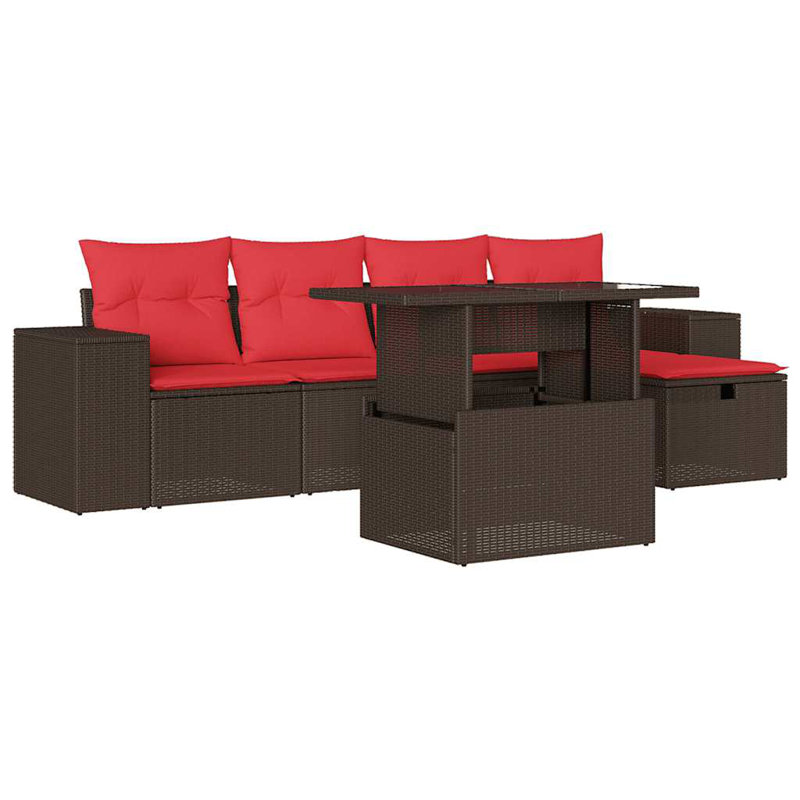  Ensemble de canapé de patio 6 pièces avec coussins en rotin de polyester, Rouge, Brun