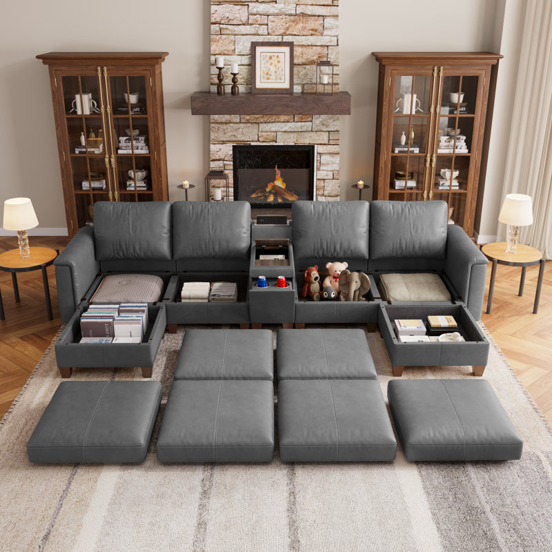 Canapé modulaire en forme de U de 132 po de largeur à 132 places avec console et rangement, gris, Grey Faux Leather