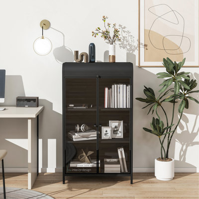 Buffet 47 po. Grande armoire de rangement en métal de 6 po avec portes en verre et plateau rabattable, vitrine à 4 niveaux avec tablettes ouvertes, buffet en acier autoportant pour la cuisine, le salon, le bureau personnel, la salle à manger et la salle de bain