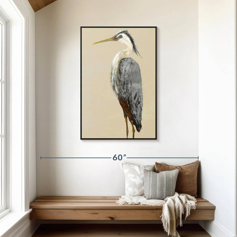 Héron sur fond brun clair II, Cadre flottant noir, 29 po x 43 po
