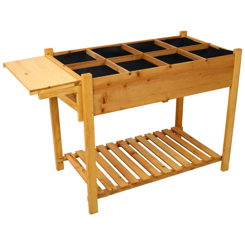 Natural Wood Elevated Garden Bed with Foldable Side Table