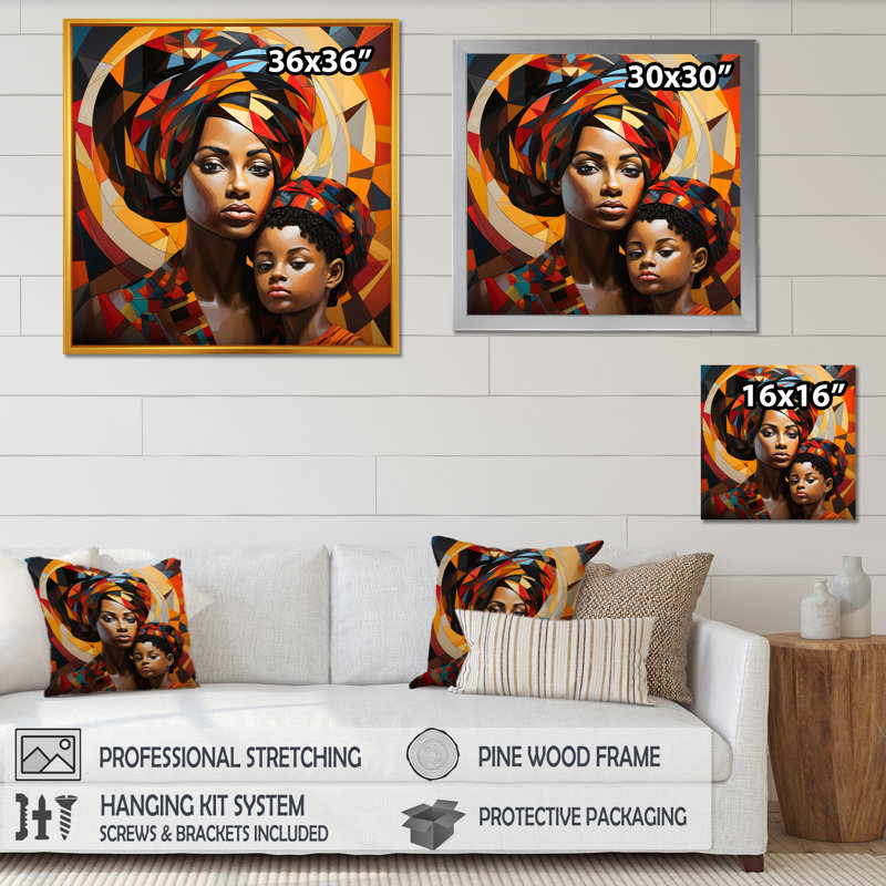 Orange orange, mère et enfant, lien II - art mural africain, Cadre flottant noir, H 16 po x l 16 po x P 1 po