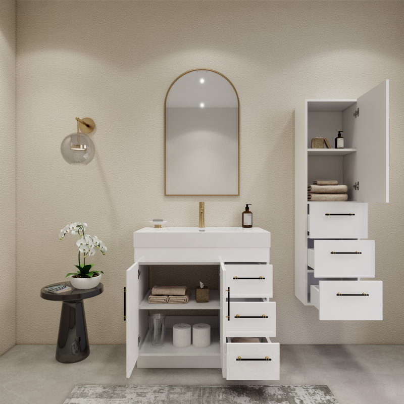 Ensemble de meuble-lavabo simple 36 po avec tiroirs et portes, Blanc brillant