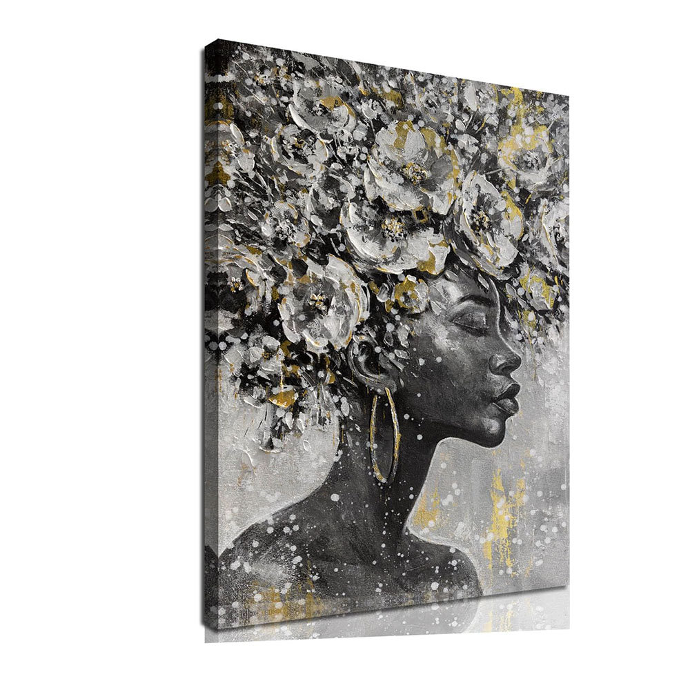 African American Posters Black Woman Wall Art Gold And White Floral Canvas Artwork For Living Room Modern Photo Prints For Home 24X36 Inch Bedroom Pic