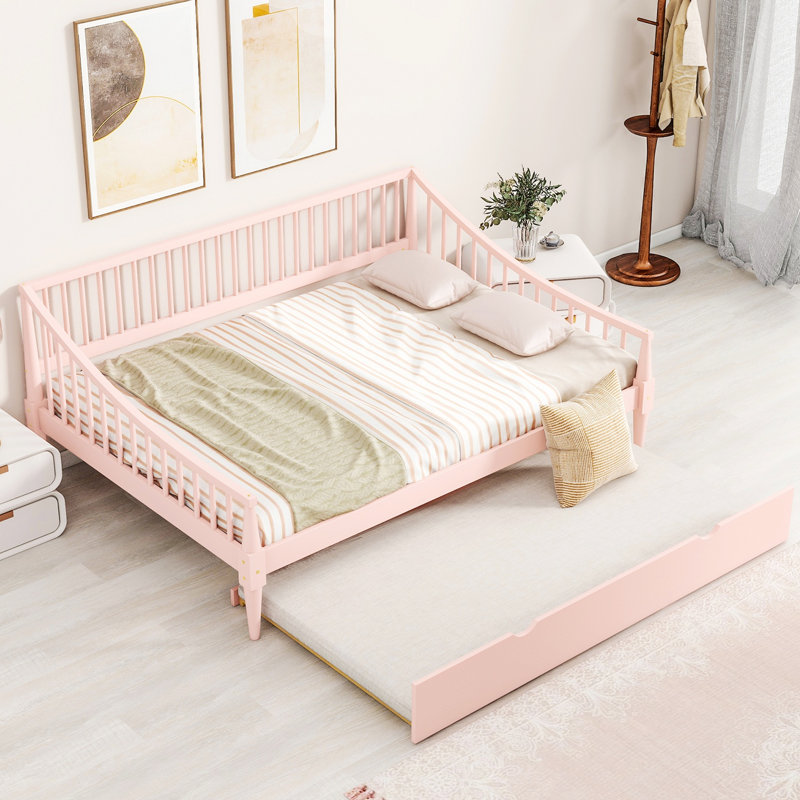 Lit de jour double en bois massif, Rose, Lit double