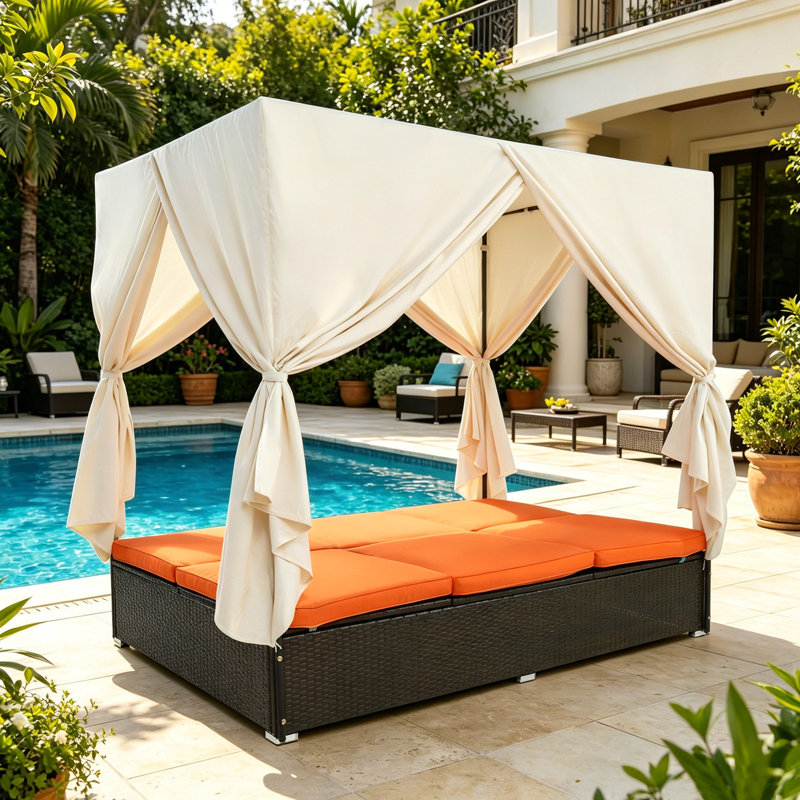 Canapé-lit double d'extérieur moderne en rotin PE avec auvent et rideaux d'intimité, réglable en 6 positions avec coussins