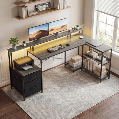 Bureau réversible en L gris à DEL avec rangement et prise de courant