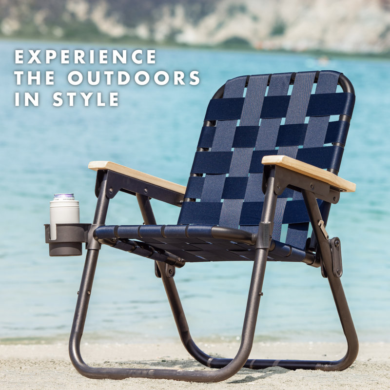 Navy Woven Aluminum Beach and Camping Chair with Hardwood Arms