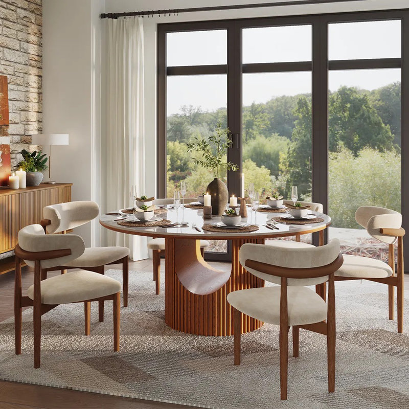 Modern Dining Room Sets, Pre-Assembly Round Dining Table Sets, Sintered Stone Tabletop Kitchen Dining Table Set With Upholstered Chairs