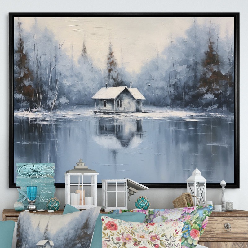Cozy Snow Cabin III sur toile, H 16 po x l 32 po x P 1 po, Cadre flottant noir