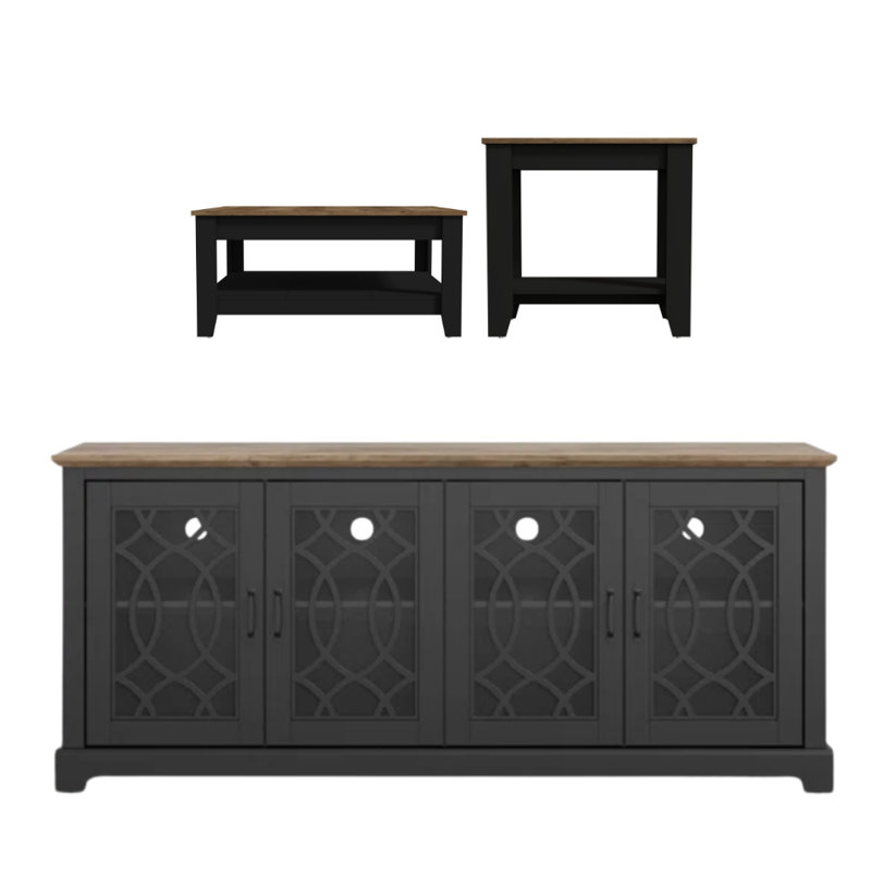 Weddel Basilico Transitional 3-Piece Living Room Furniture Set, Knotty Oak, Black