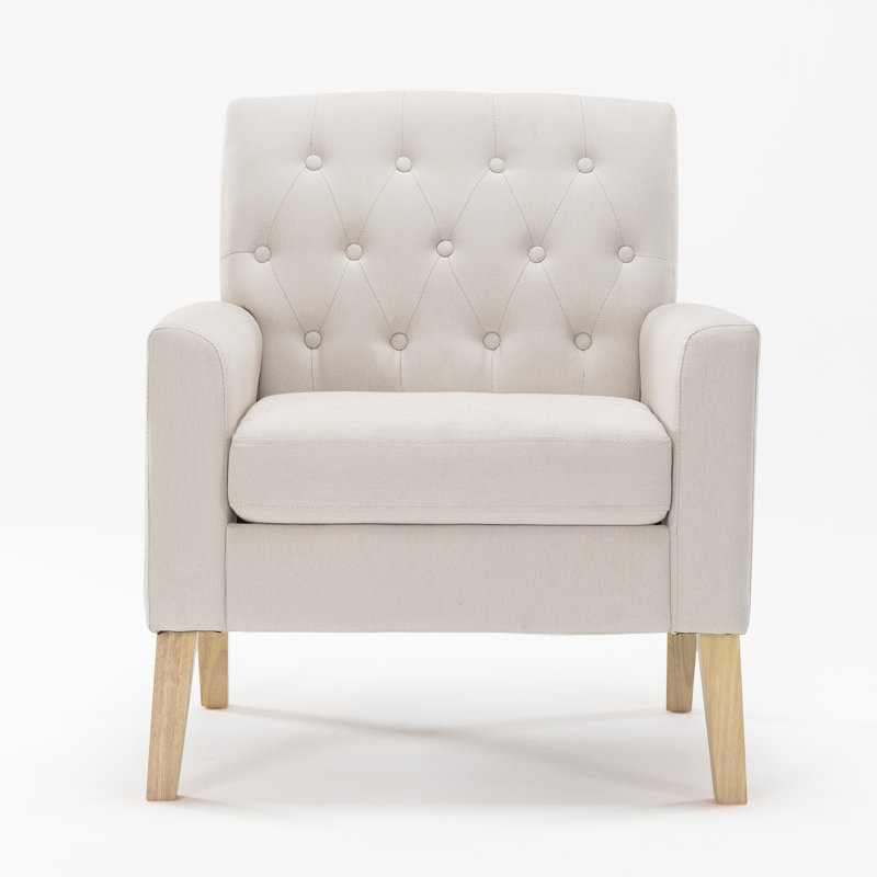 Upholstered Armchair, Beige Linen, Natural Wood