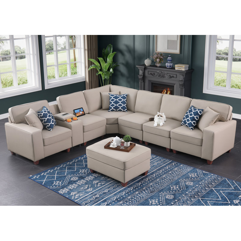Gina Artificial Leather Modular Sectional With Ottoman And Cupholder Console, Beige Faux Leather