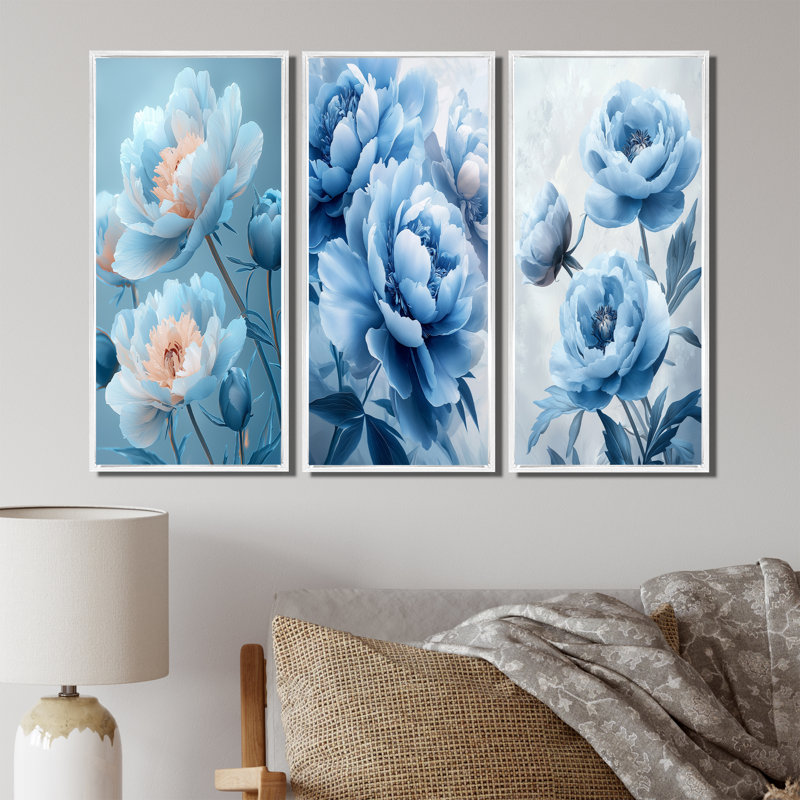 Blue Velvet Pe pivoines I - Collection d'art mural pivoines, Impression encadrée flottante, H 40 po x l 60 po, Blanc