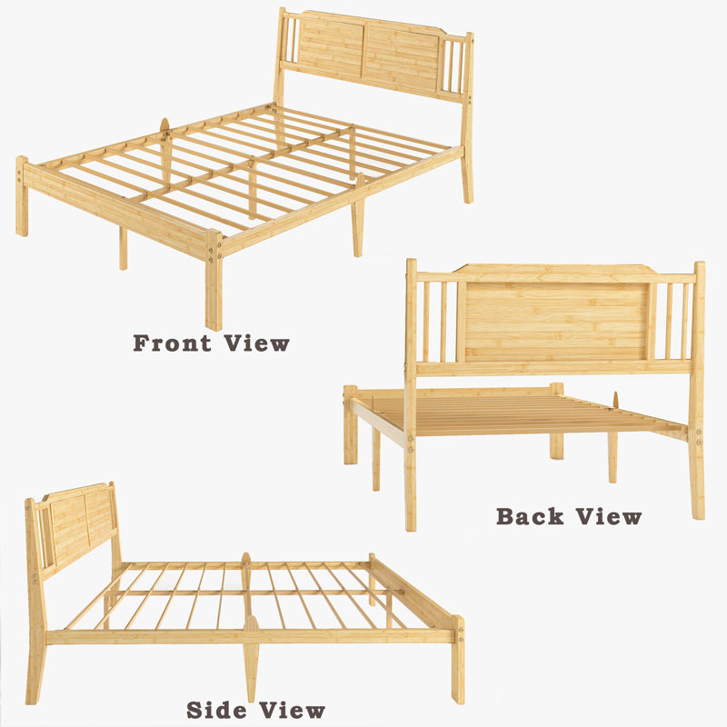 Queen 14" Heavy Duty Solid Wood Bamboo Platform Bed Frame With Headboard, Metal Slat Support, Easy Assembly, Queen