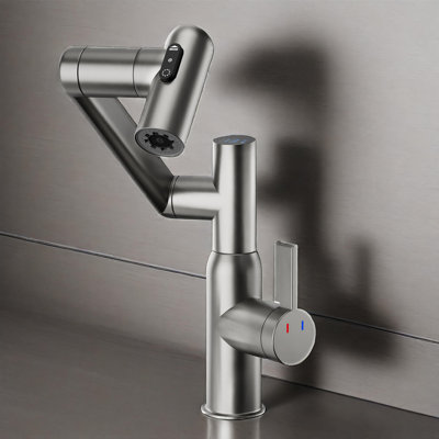  Bathroom Sink Faucet With Spray Function And Temperature Display For Anti-skid Switch And Hot & Cold And 360° Rotary