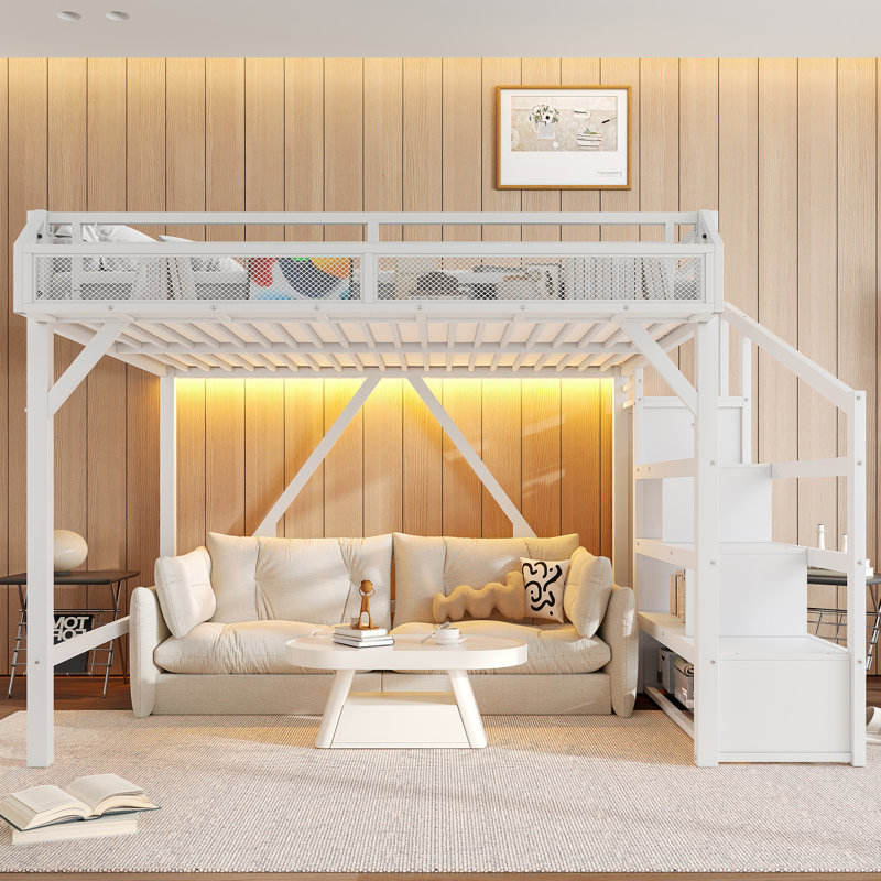 Queen Loft Bed with Storage Stairs, Shelves & Built-in Wardrobe, USB Ports & LED Lights, Noise-Reduced, White, White, Queen