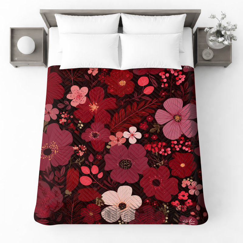 Couvre-lit matelassé rouge à motif floral toutes tailles, Lit simple