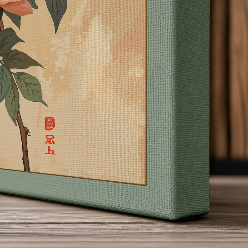 Robin Among Roses Japandi - Wrapped Canvas, 30x20 - 76.2 x 50.8 cm, Sage Border