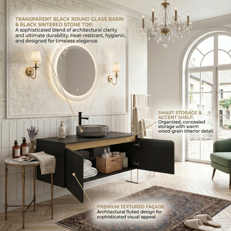 48" Modern Floating Vanity With Black Sintered Stone Top, Geometric Twill Doors With Metal Trim, 4 Vessel Sink Options (Black)