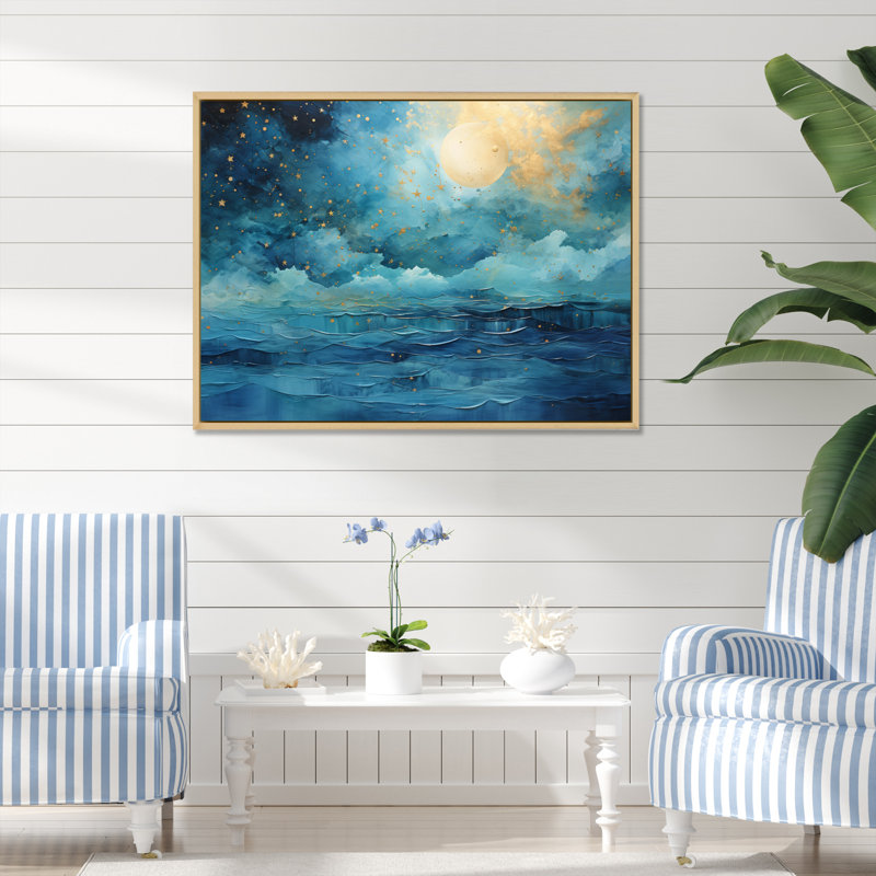 Teal Yellow Ocean Serenade Pastoral II - Modern Canvas Wall Art, H 34 po x l 44 po x P 1,5 po, Cadre naturel flottant