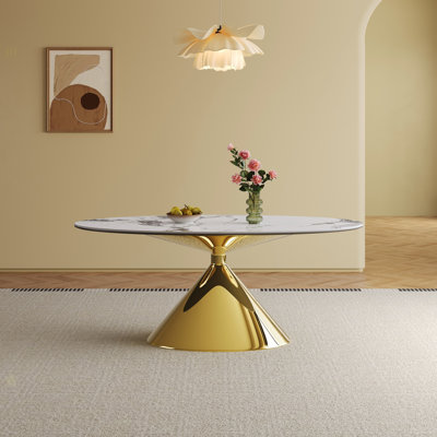 Ensemble de table de salle à manger 71 po en marbre 71 po pour 4 à 6 personnes - Table de cuisine ovale avec base en acier inoxydable doré