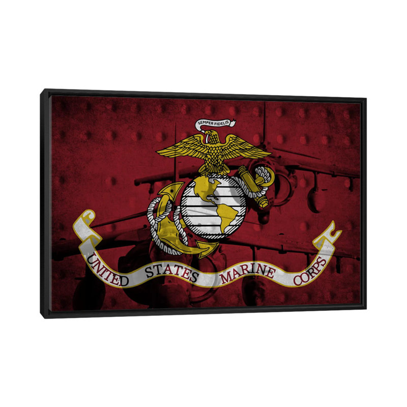 « flags u.s. marine harrier jets grunge », impression sur toile tendue, H 32 po x l 48 po x P 1,5 po, Toile avec cadre noir