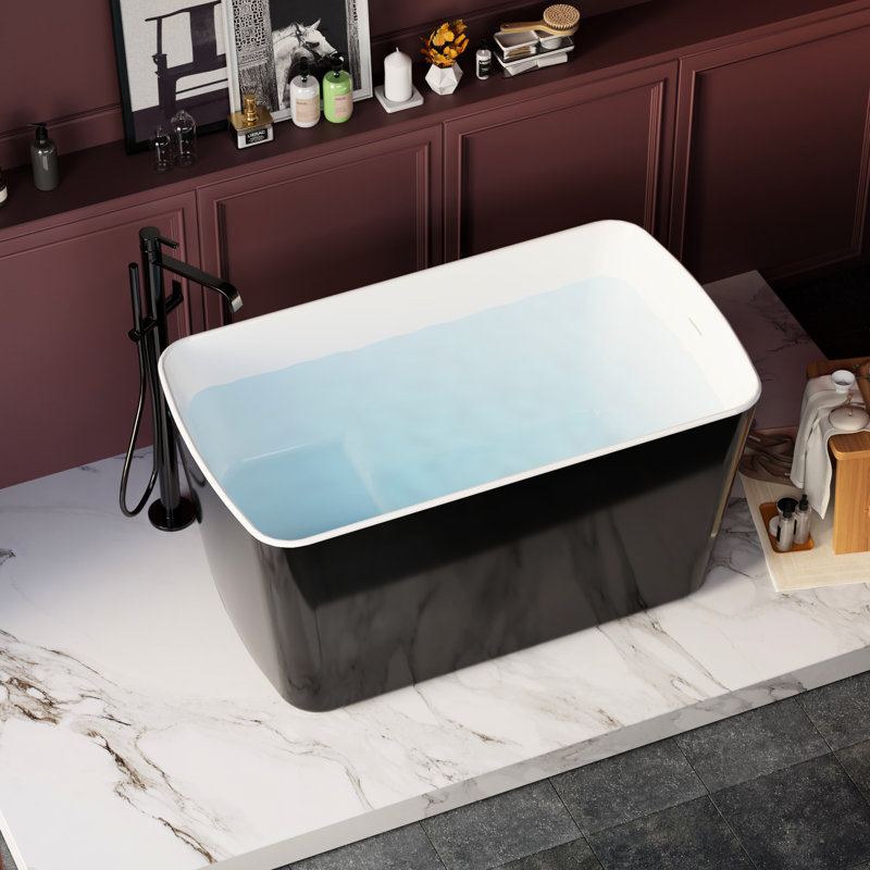 Baignoire autoportante en acrylique, 49 po x 28 po, carré japonais, noir brillant, trop-plein et drain, style japonais, configuration