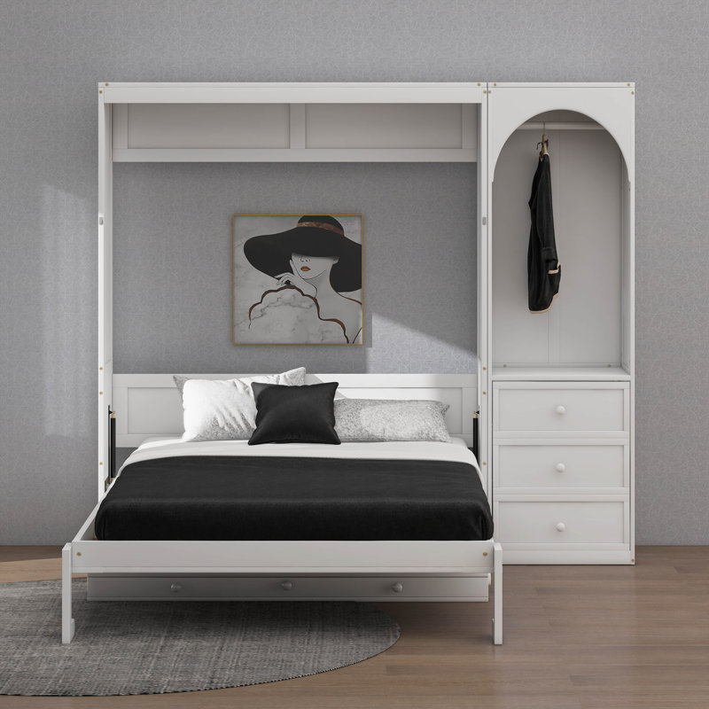 Grand lit escamotable avec tablette Stoarge et 3 tiroirs, lit escamotable multifonctionnel avec bureau et lumière DEL, Blanc