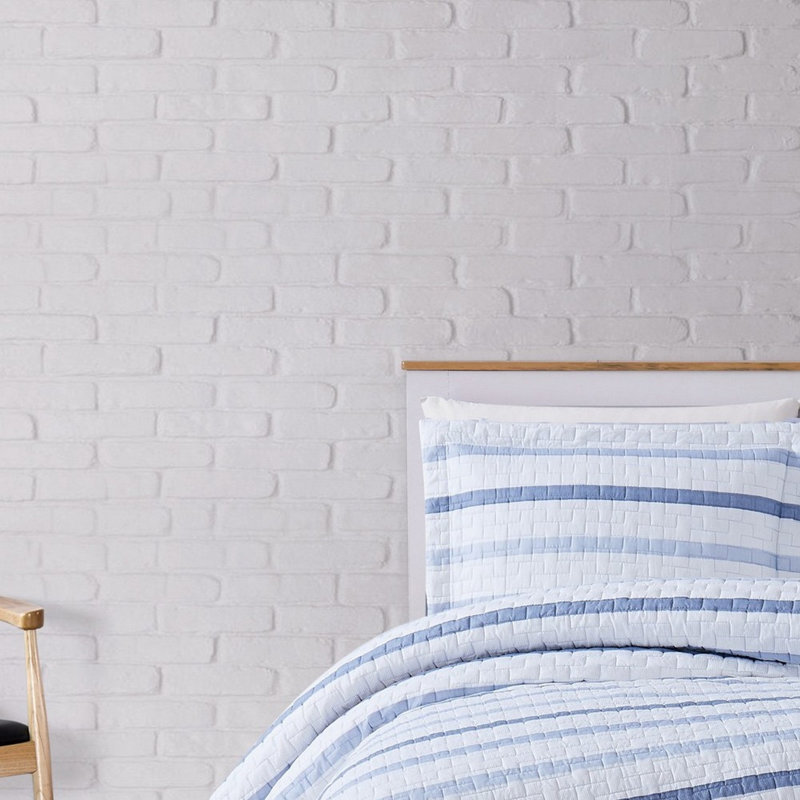 Cozy Waffle Stripe King Quilt Set in Blue - Microfiber Reversible