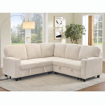 Brycen L-Shaped Corduroy Sectional Sofa Bed with Pull-Out Sleeper & Storage