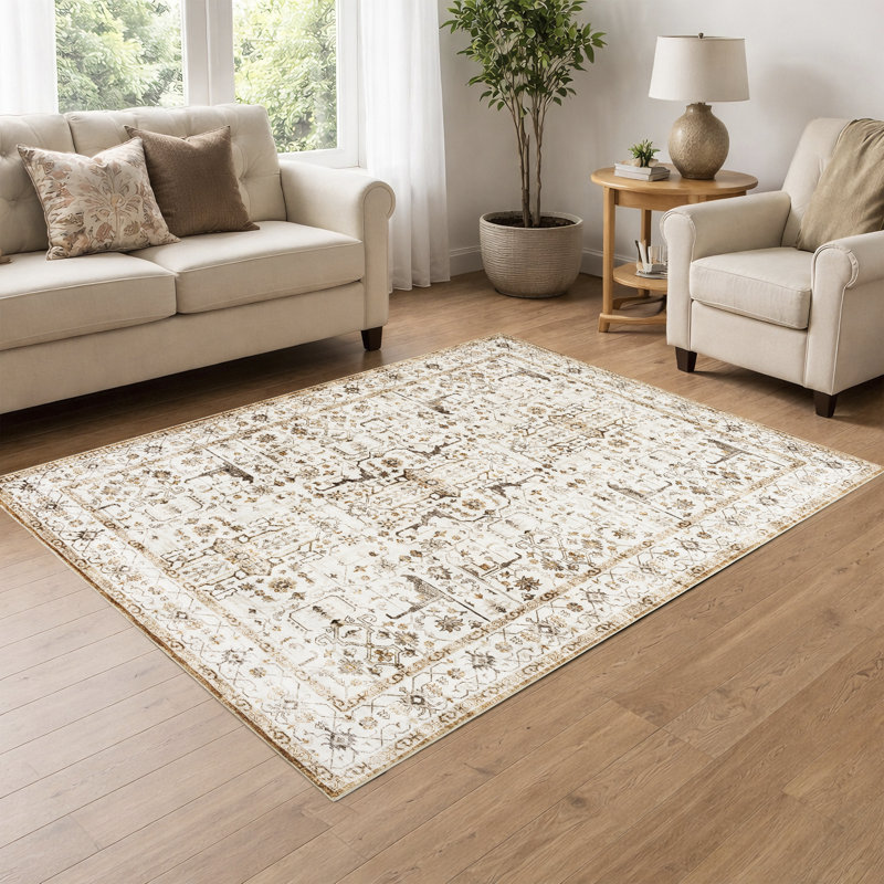 Tapis d'intérieur beige / brun à envers antidérapant lavable à la machine pour le salon, la chambre à coucher et le couloir